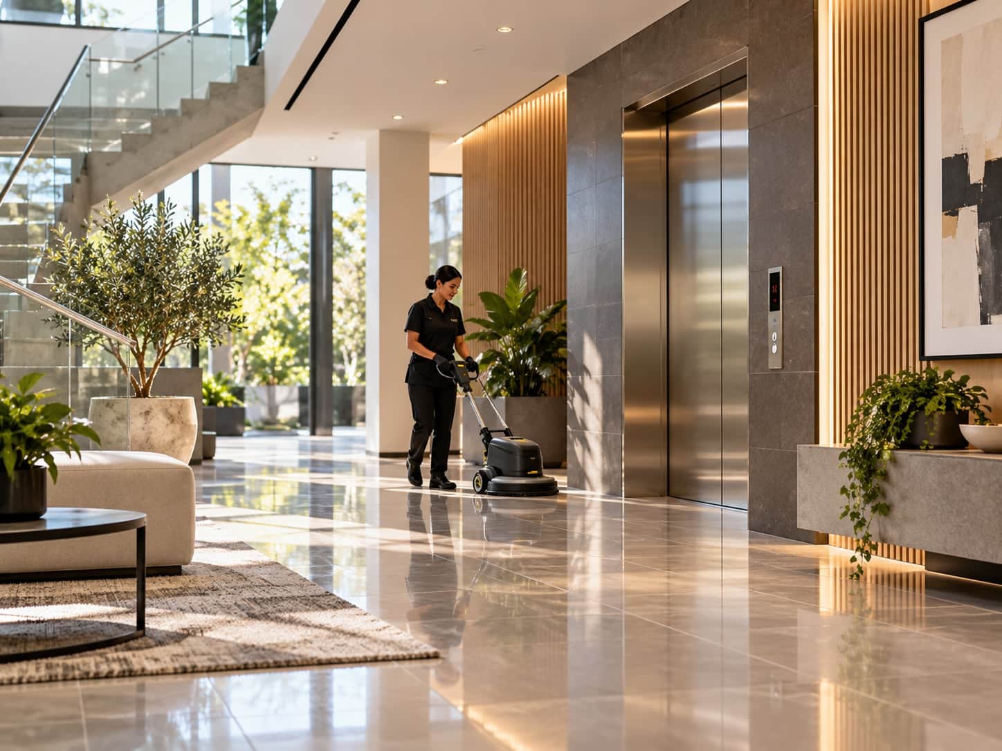 Une agente nettoie le sol du hall d’entrée d’un immeuble