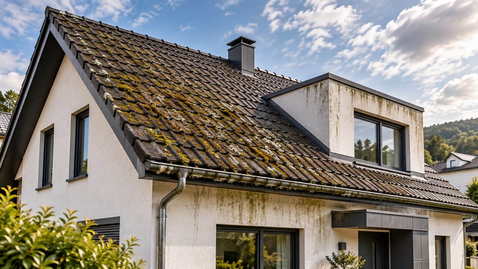 Toiture avant nettoyage : mousses et lichens sur les tuiles, gouttière et façade salies