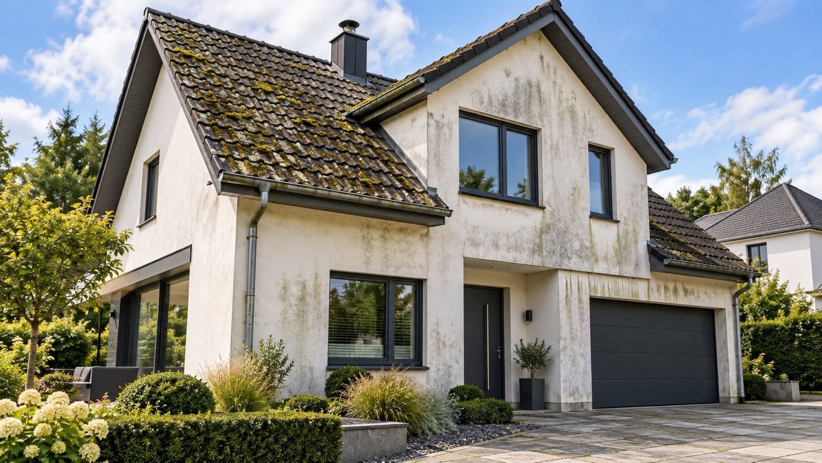 Maison avant nettoyage : toiture moussue et façade salie